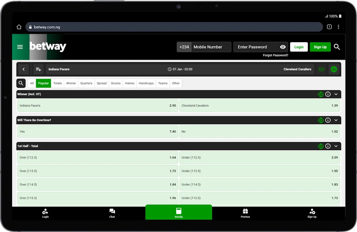 Betway Basketball Betting Match Market Screenshot